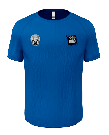 T-shirt en polyester bleu avec un logo sur la poitrine et un espace pour ajouter un logo personnalisé.